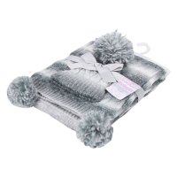 HW05-G: Grey Cable Hat & Wrap Set w/Pom Poms